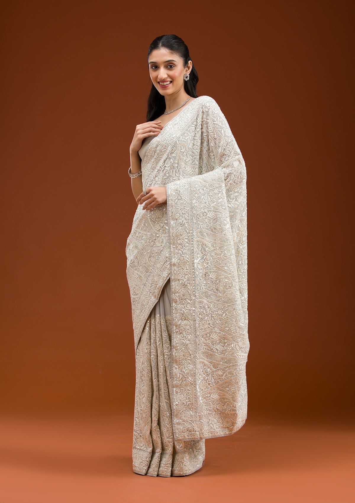 Grey Threadwork Georgette Saree-Koskii