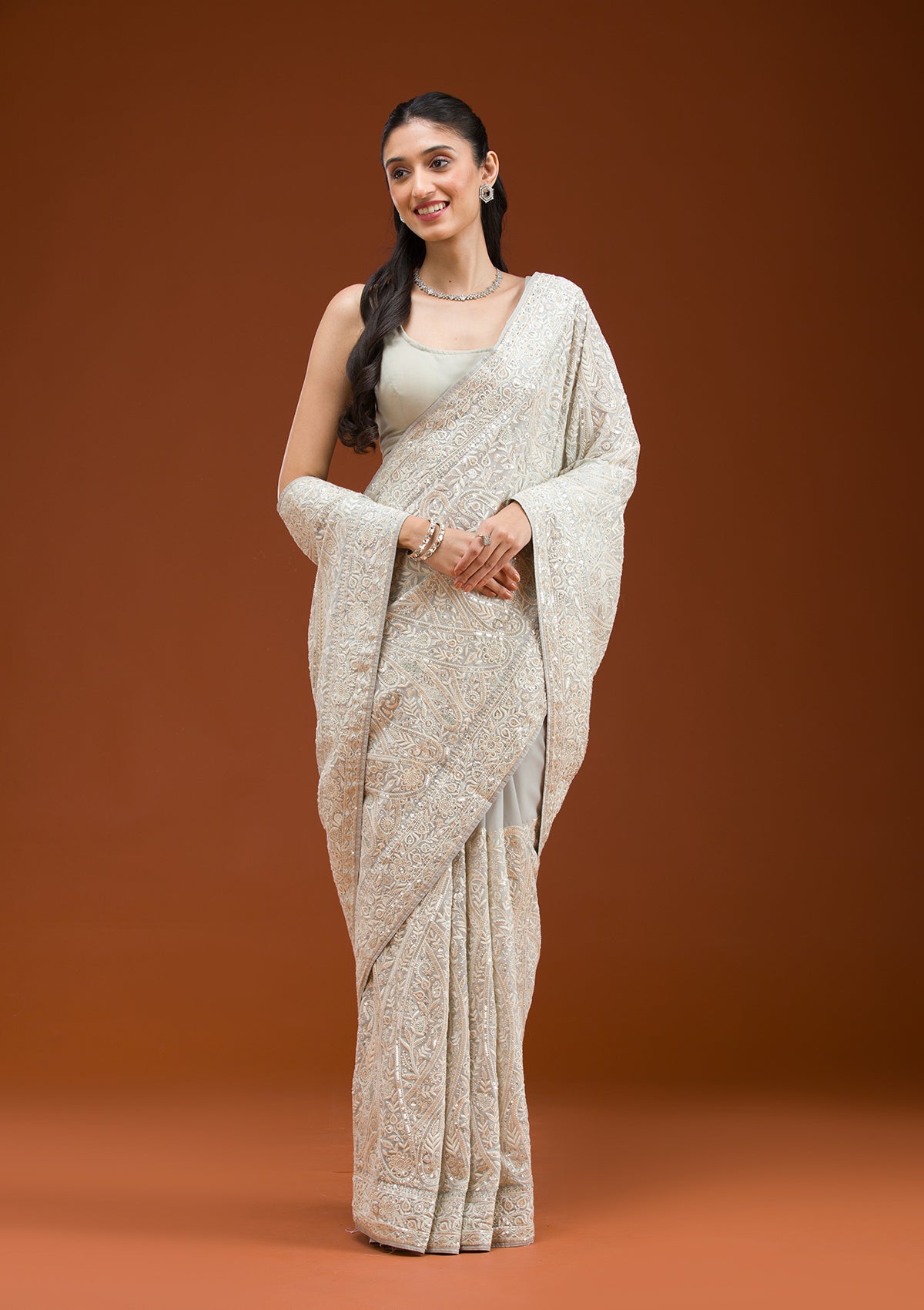 Grey Threadwork Georgette Saree-Koskii