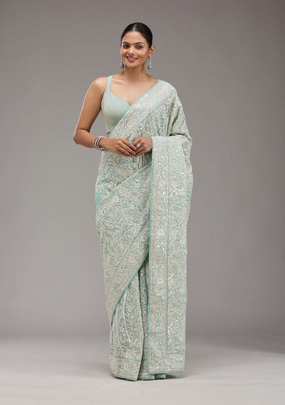 Sky Blue Threadwork Georgette Saree-Koskii