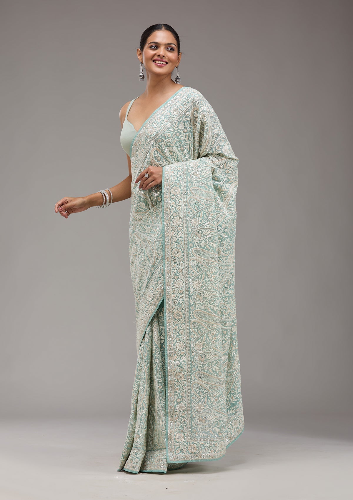 Sky Blue Threadwork Georgette Saree-Koskii