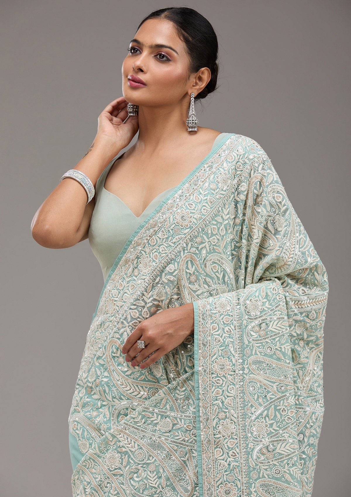 Sky Blue Threadwork Georgette Saree-Koskii