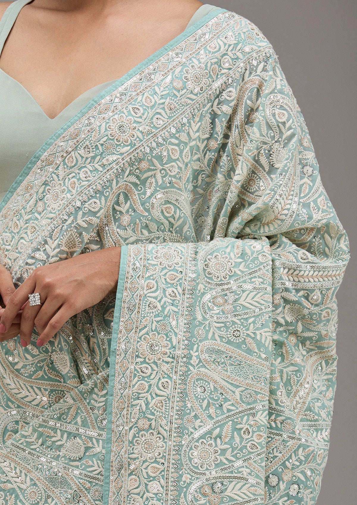 Sky Blue Threadwork Georgette Saree-Koskii