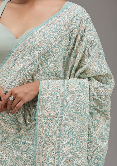 Sky Blue Threadwork Georgette Saree-Koskii