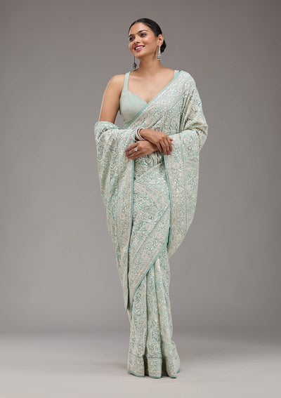 Sky Blue Threadwork Georgette Saree-Koskii