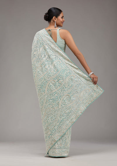 Sky Blue Threadwork Georgette Saree-Koskii