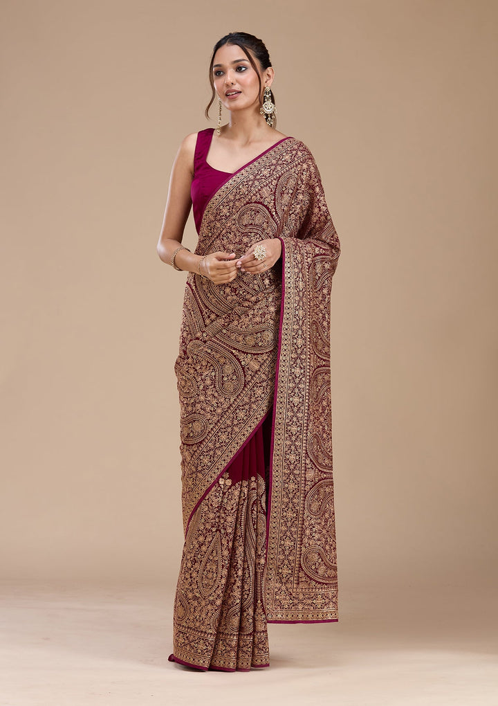 Wine Kashmiri Georgette Saree_koskii