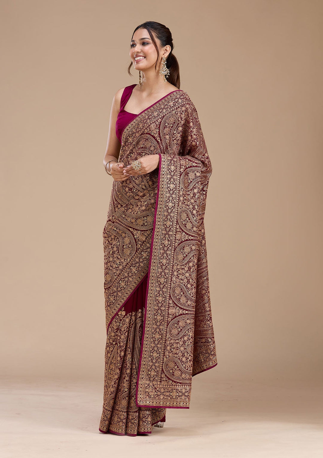 Wine Kashmiri Georgette Saree_koskii