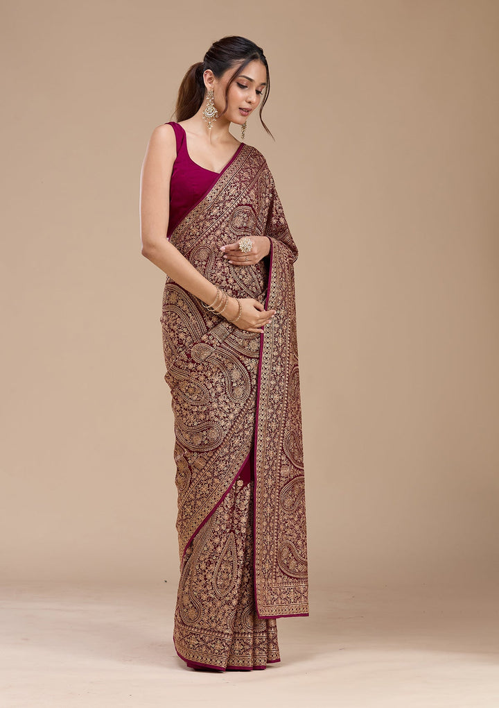 Wine Kashmiri Georgette Saree_koskii