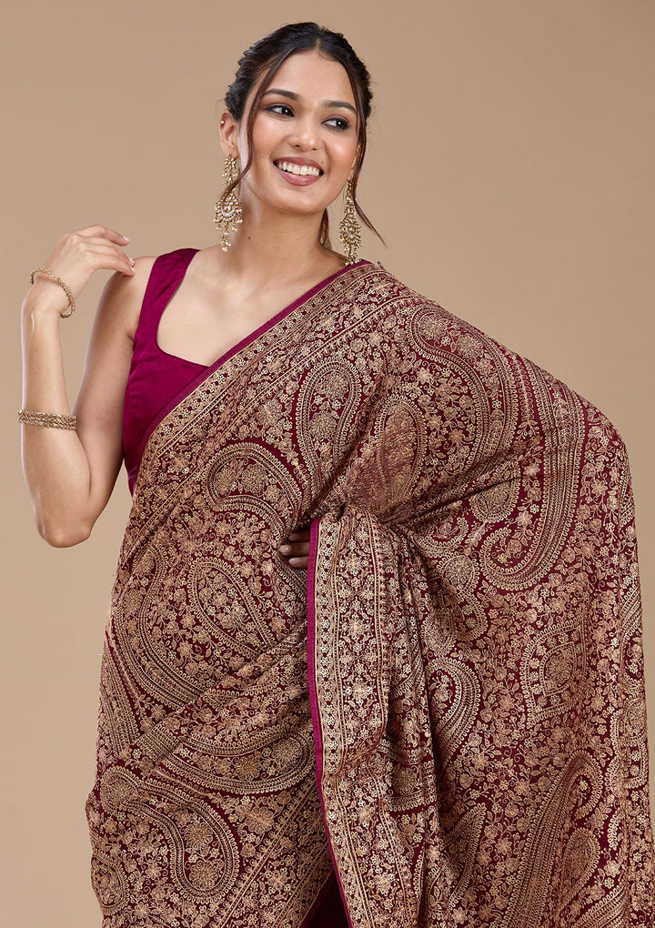 Wine Kashmiri Georgette Saree_koskii