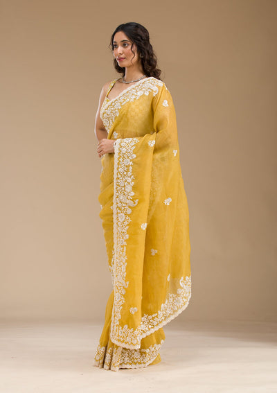 Mustard Sequins Tissue Saree-Koskii