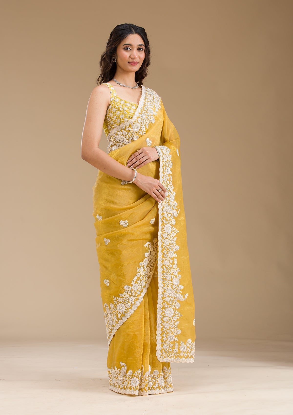 Mustard Sequins Tissue Saree-Koskii