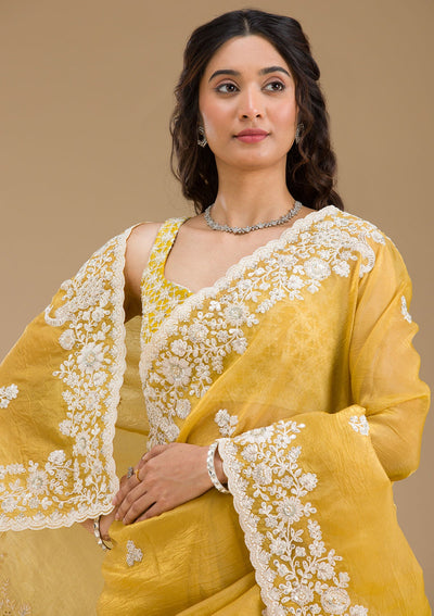 Mustard Sequins Tissue Saree-Koskii