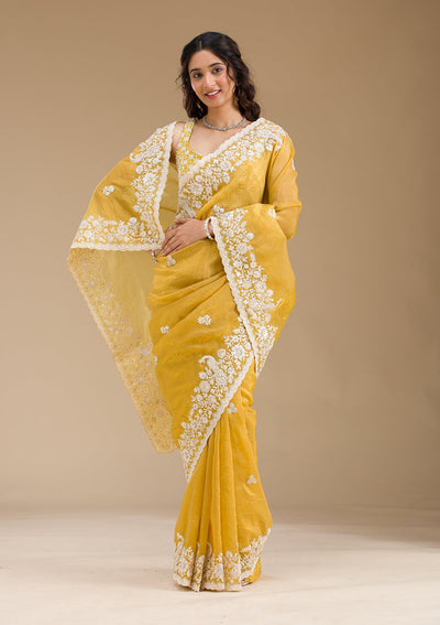 Mustard Sequins Tissue Saree-Koskii