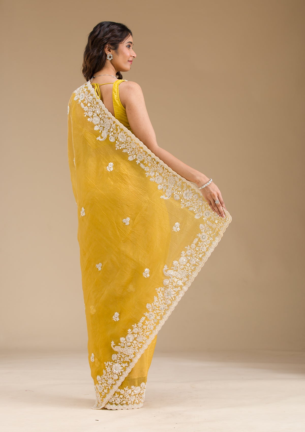 Mustard Sequins Tissue Saree-Koskii