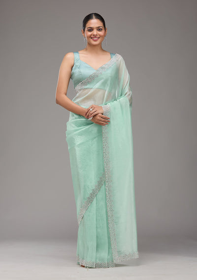 Sea Green Stonework Tissue Saree-Koskii