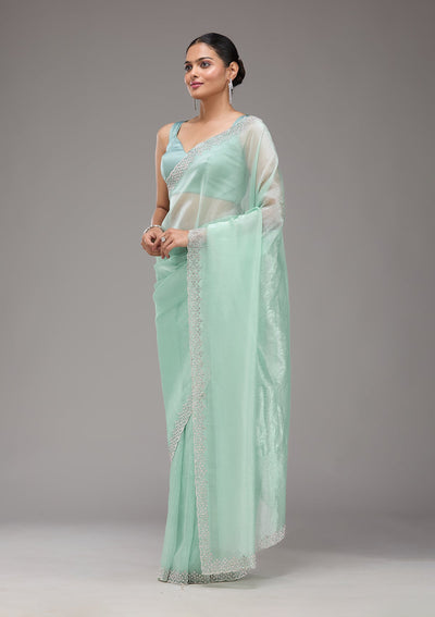 Sea Green Stonework Tissue Saree-Koskii