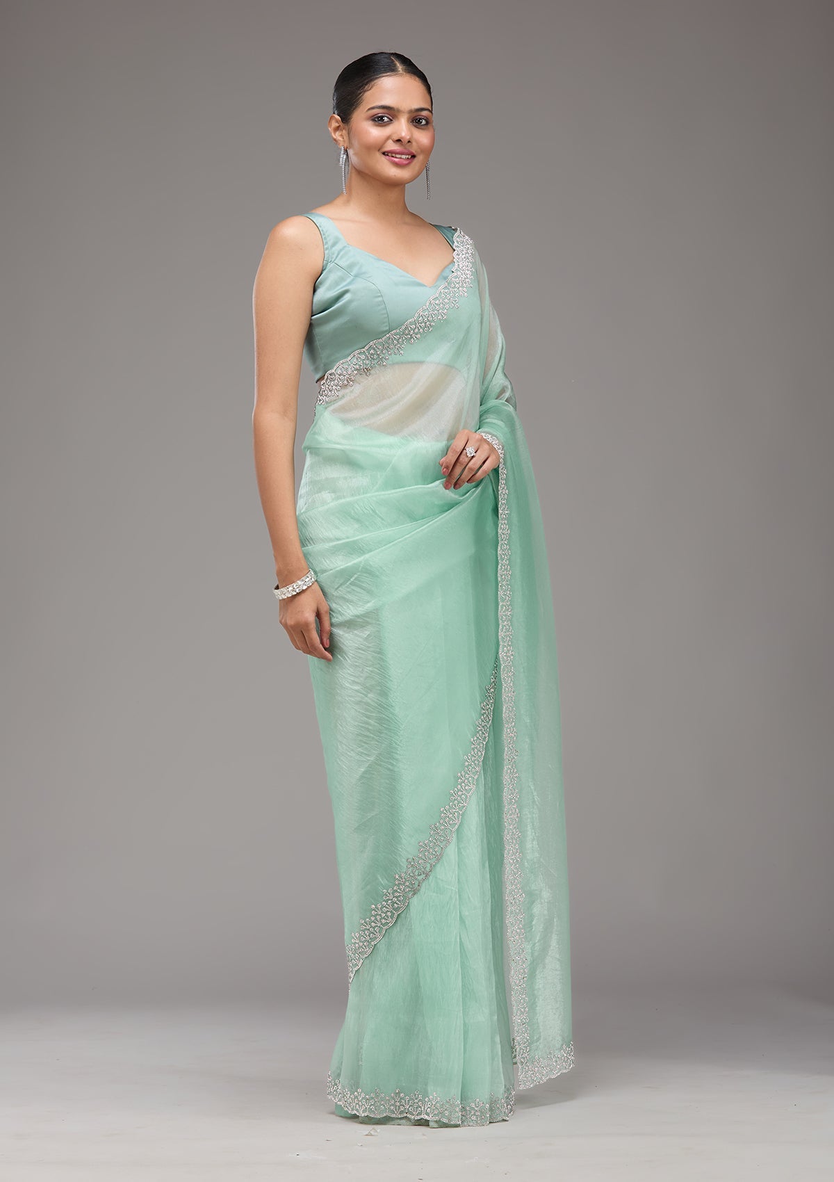 Sea Green Stonework Tissue Saree-Koskii