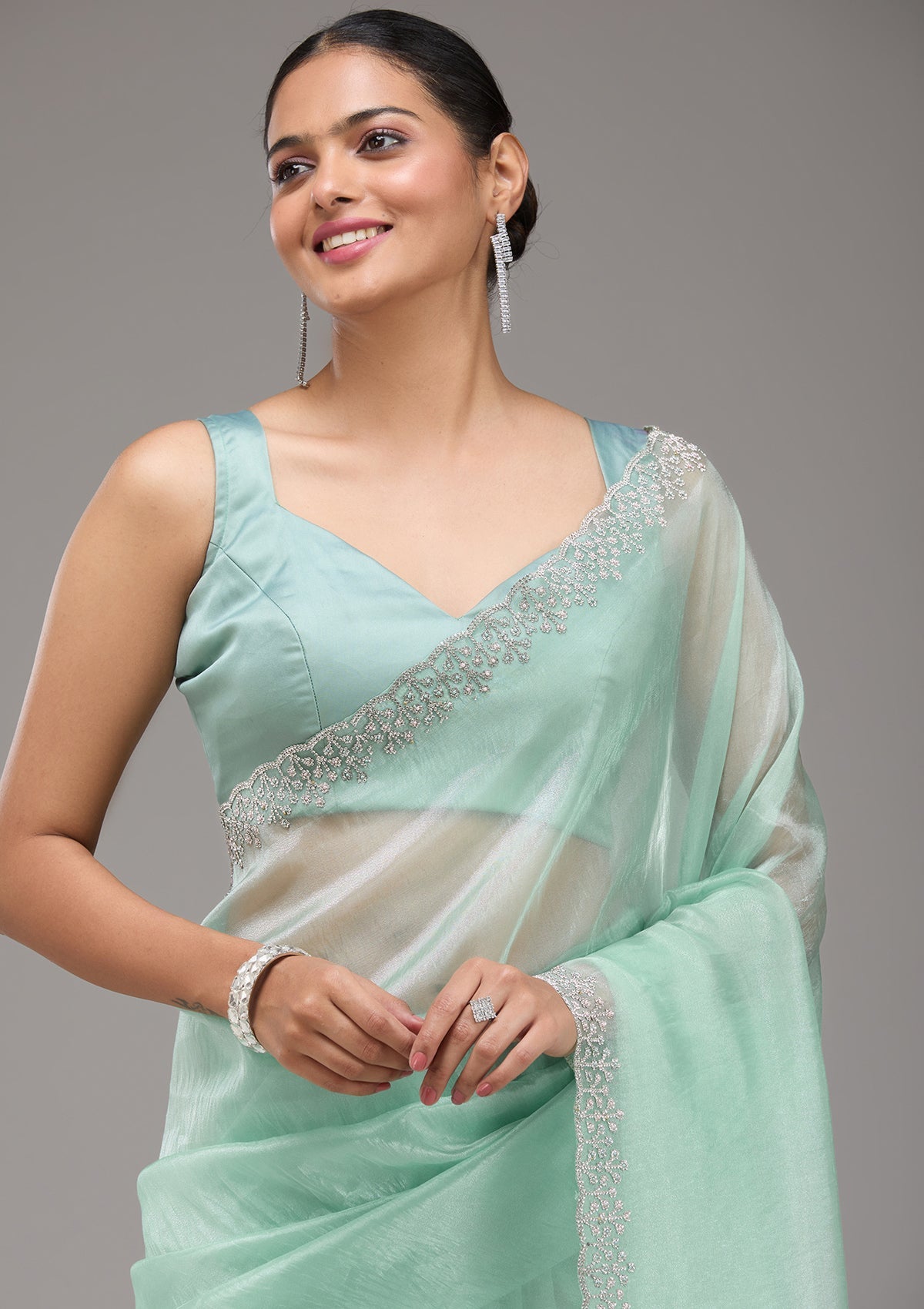 Sea Green Stonework Tissue Saree-Koskii