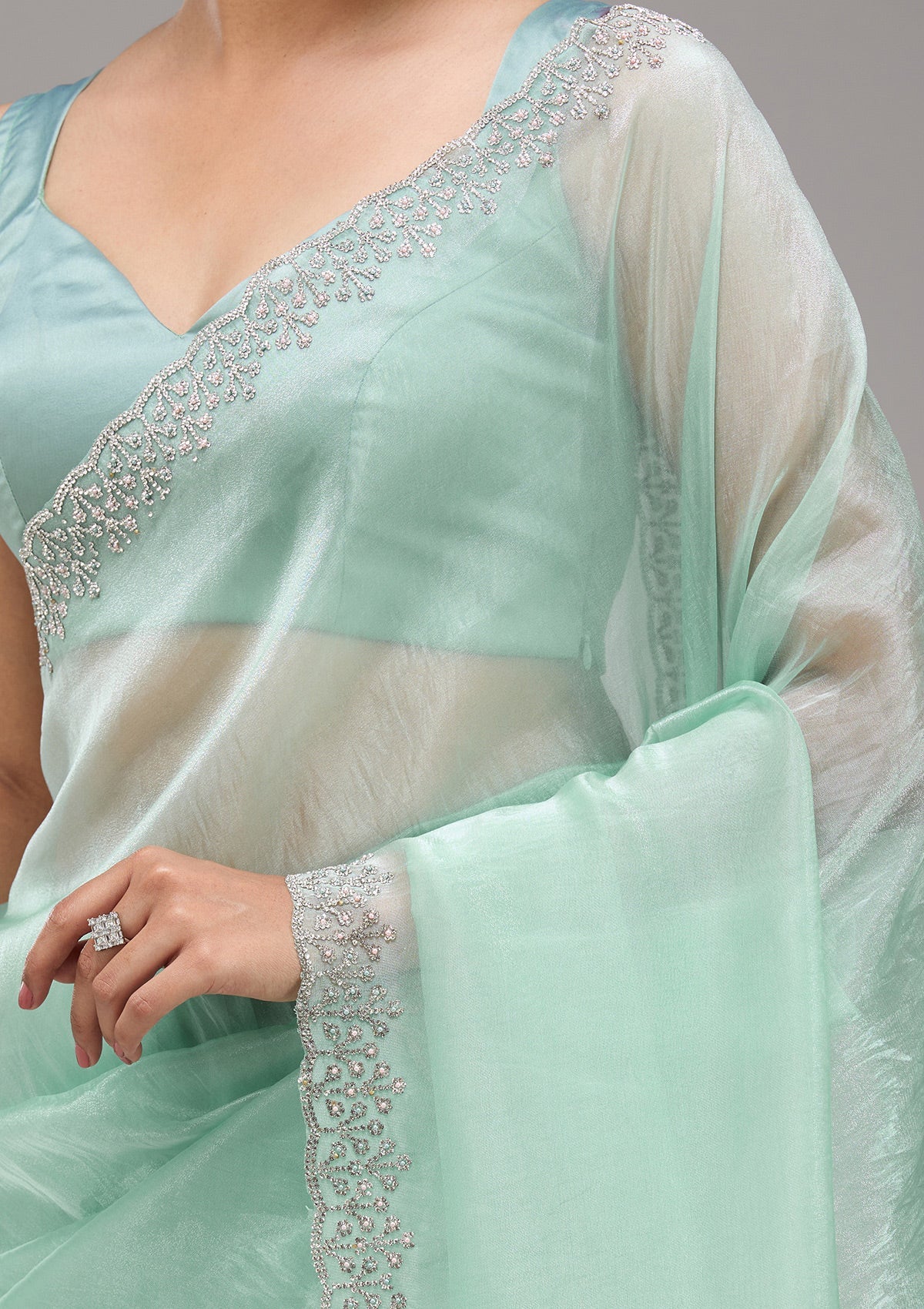 Sea Green Stonework Tissue Saree-Koskii