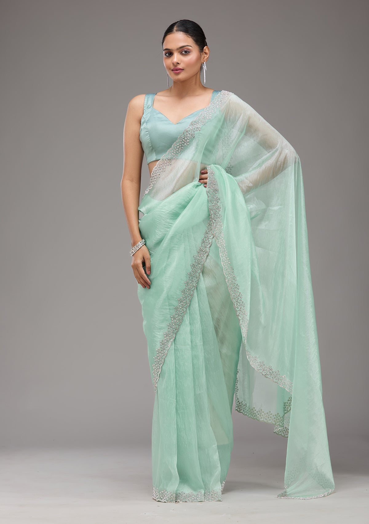 Sea Green Stonework Tissue Saree-Koskii