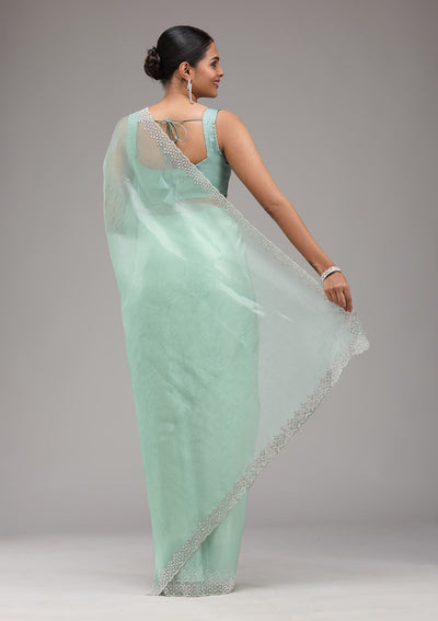 Sea Green Stonework Tissue Saree-Koskii