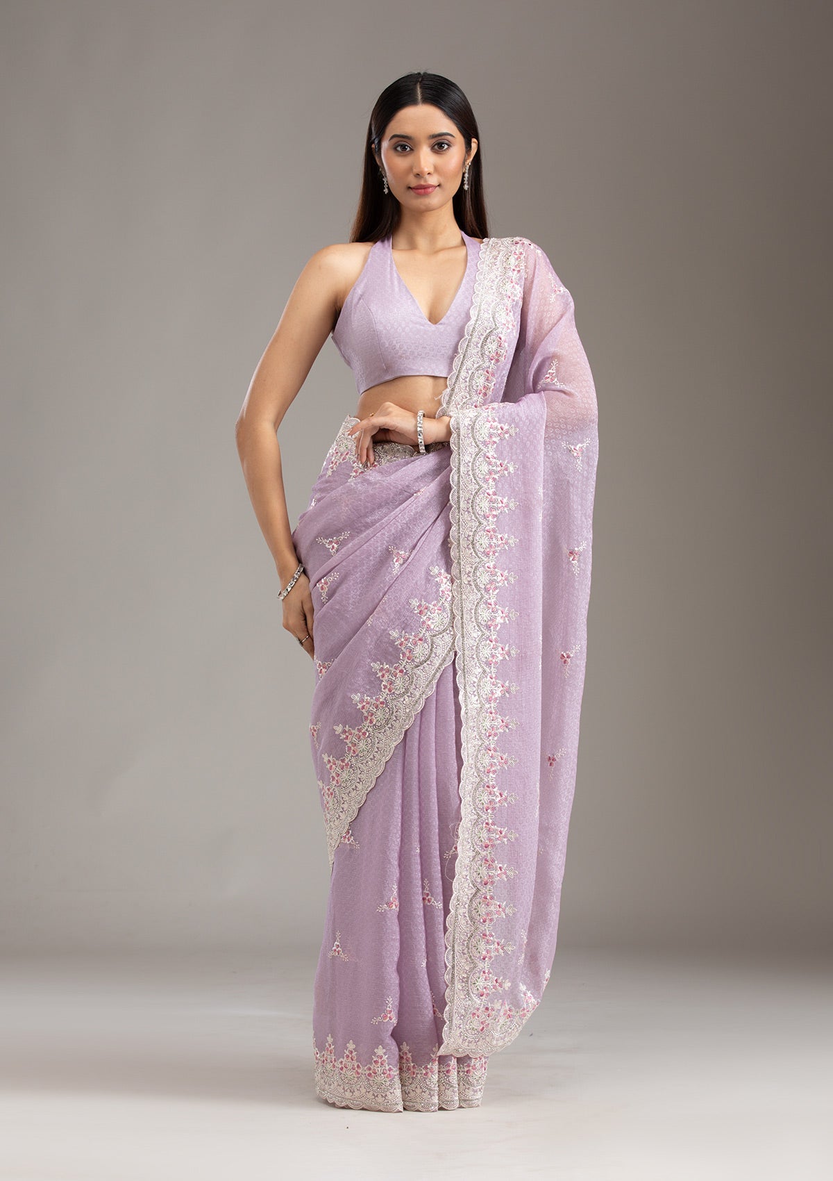 Lavender Sequins Chiffon Saree-Koskii