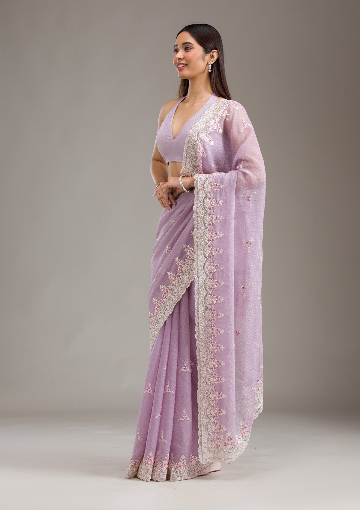 Lavender Sequins Chiffon Saree-Koskii