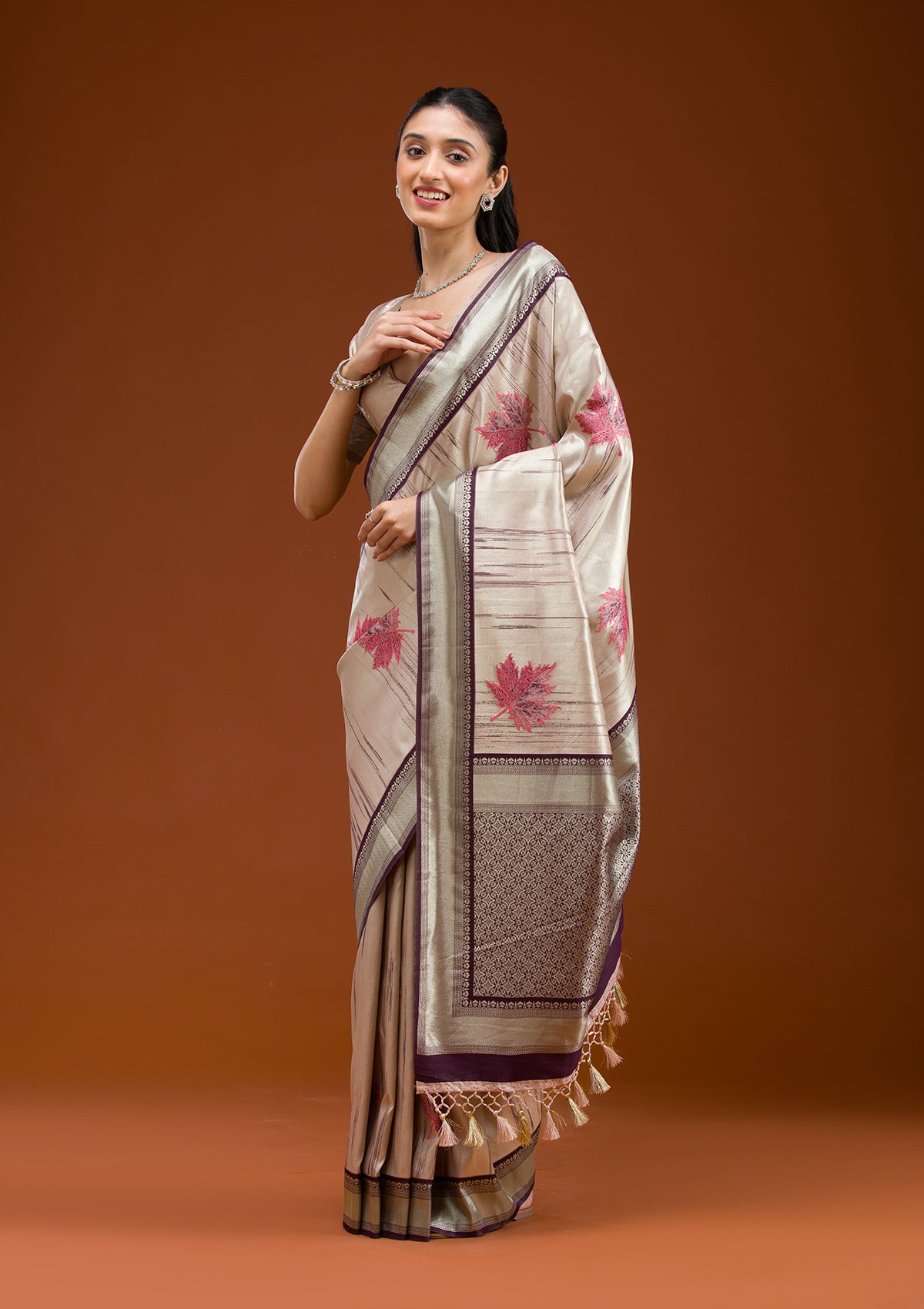 Beige Printed Art Silk Saree-Koskii