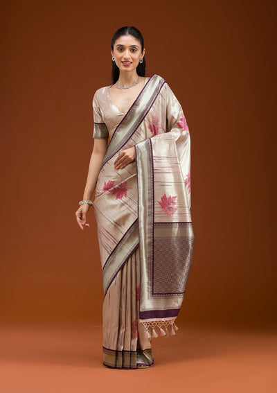 Beige Printed Art Silk Saree-Koskii