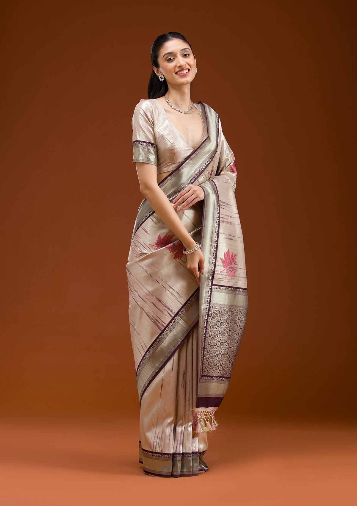 Beige Printed Art Silk Saree-Koskii