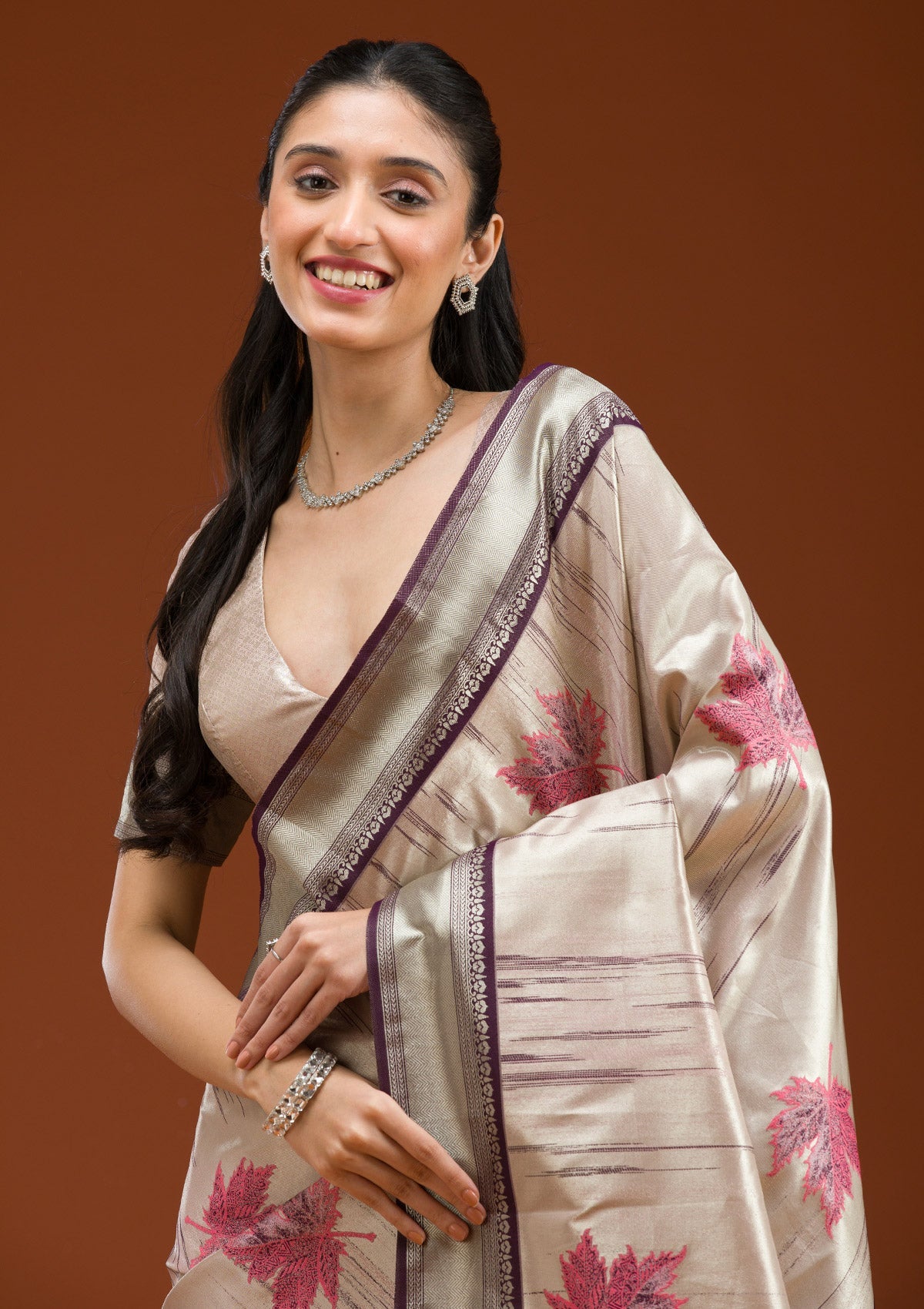 Beige Printed Art Silk Saree-Koskii