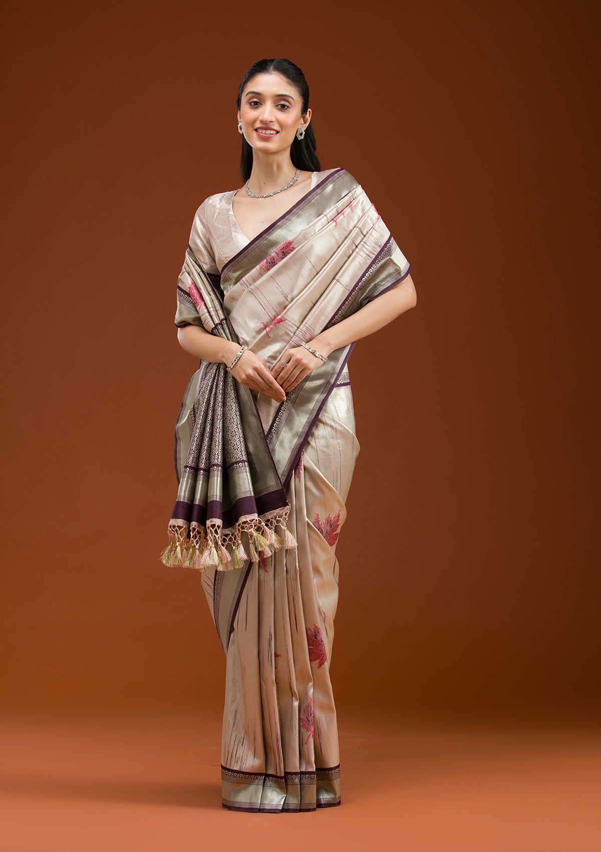 Beige Printed Art Silk Saree-Koskii