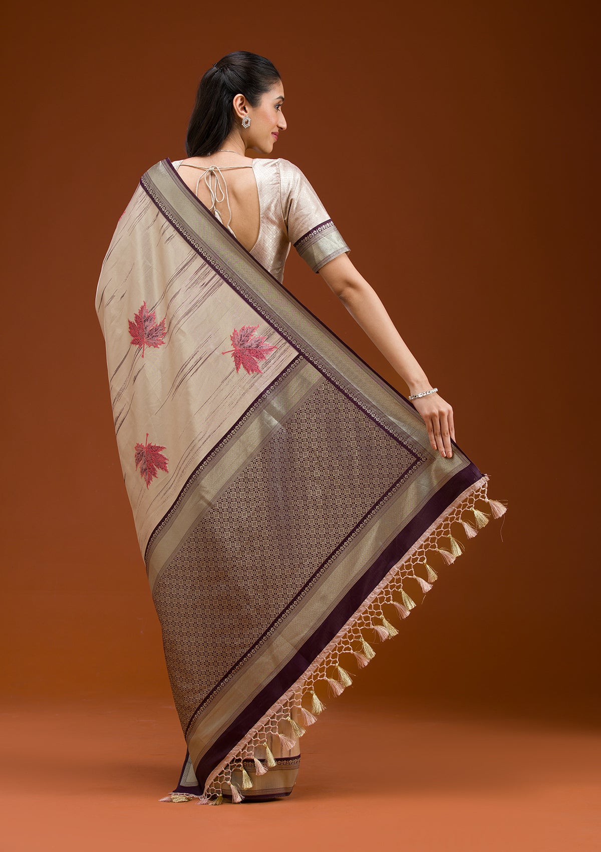 Beige Printed Art Silk Saree-Koskii