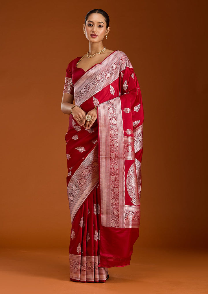 Maroon Zariwork (Silver) Satin Silk Saree-Koskii