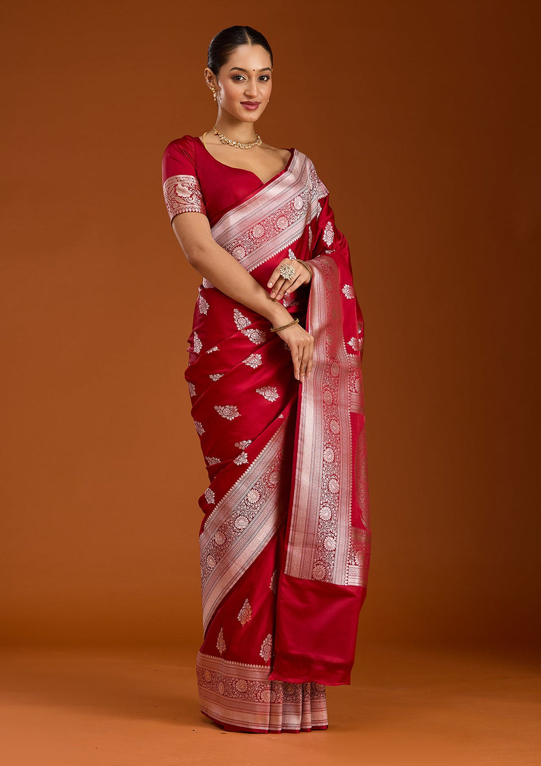 Maroon Zariwork (Silver) Satin Silk Saree-Koskii