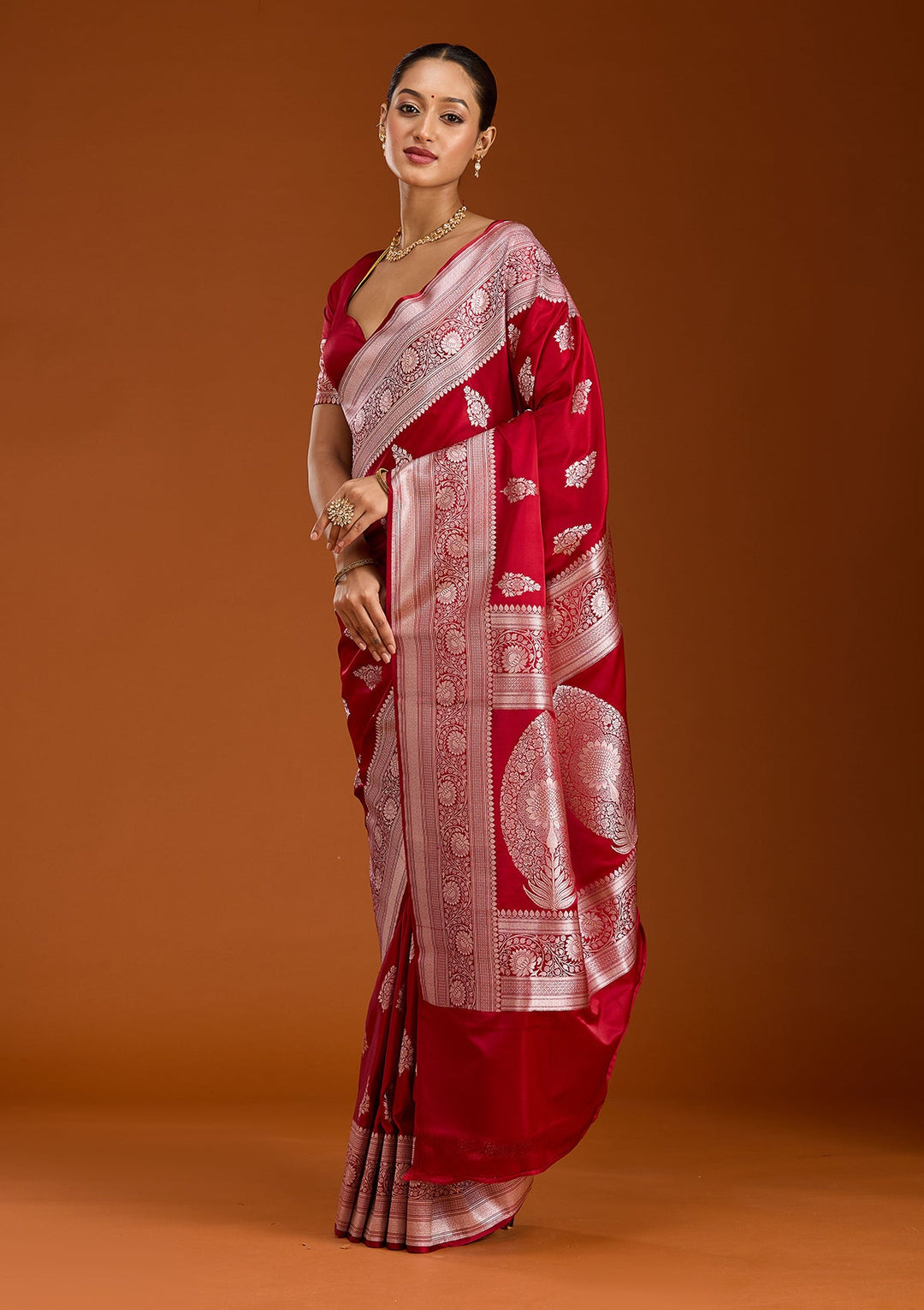 Maroon Zariwork (Silver) Satin Silk Saree-Koskii