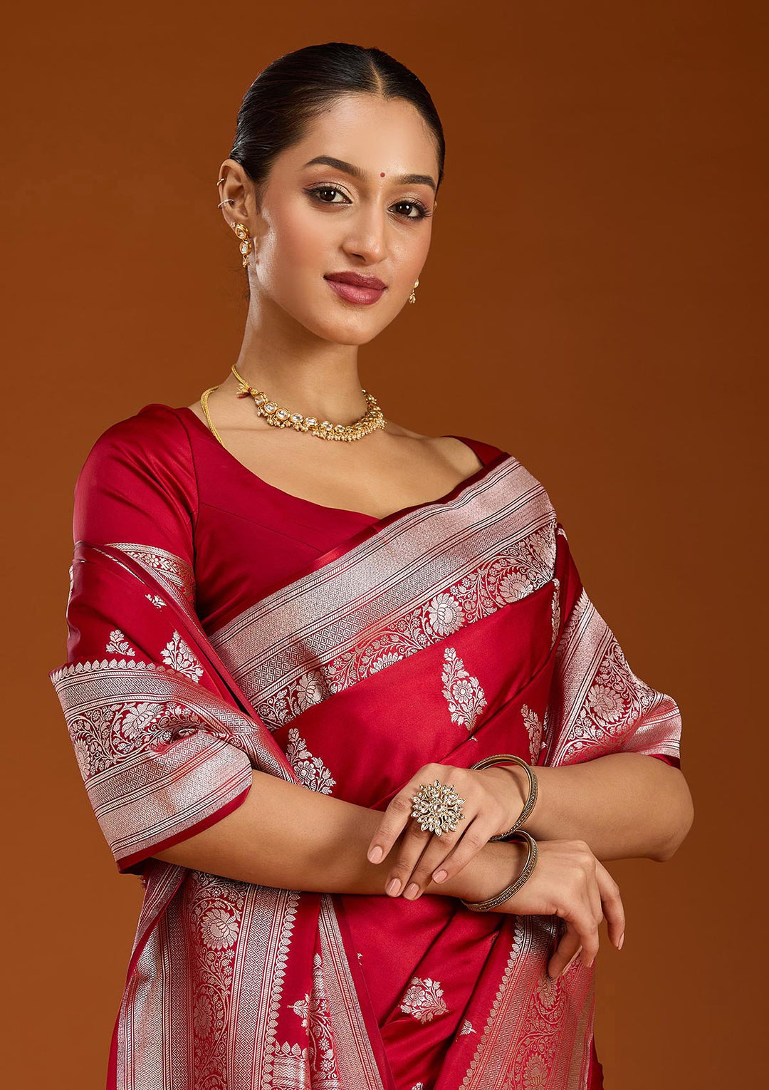 Maroon Zariwork (Silver) Satin Silk Saree-Koskii