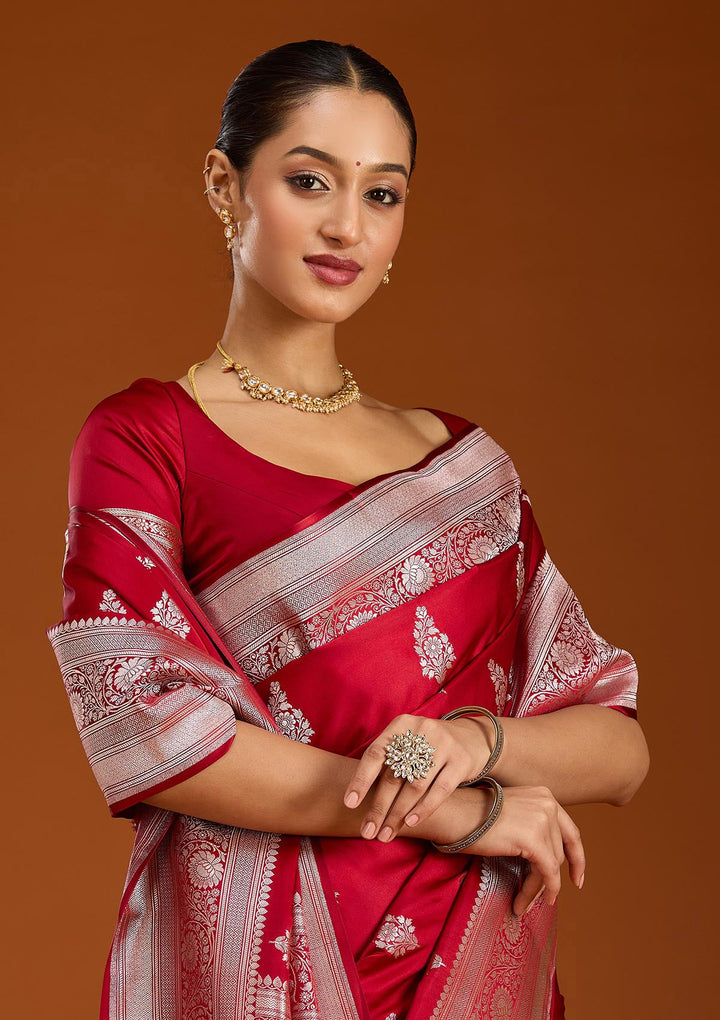 Maroon Zariwork (Silver) Satin Silk Saree-Koskii
