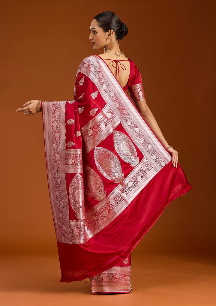 Maroon Zariwork (Silver) Satin Silk Saree-Koskii