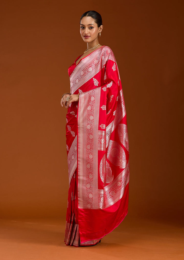 Red Zariwork (Silver) Satin Silk Saree-Koskii