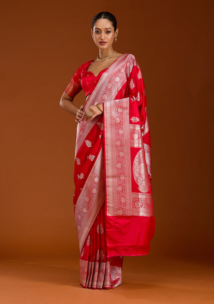 Red Zariwork (Silver) Satin Silk Saree-Koskii