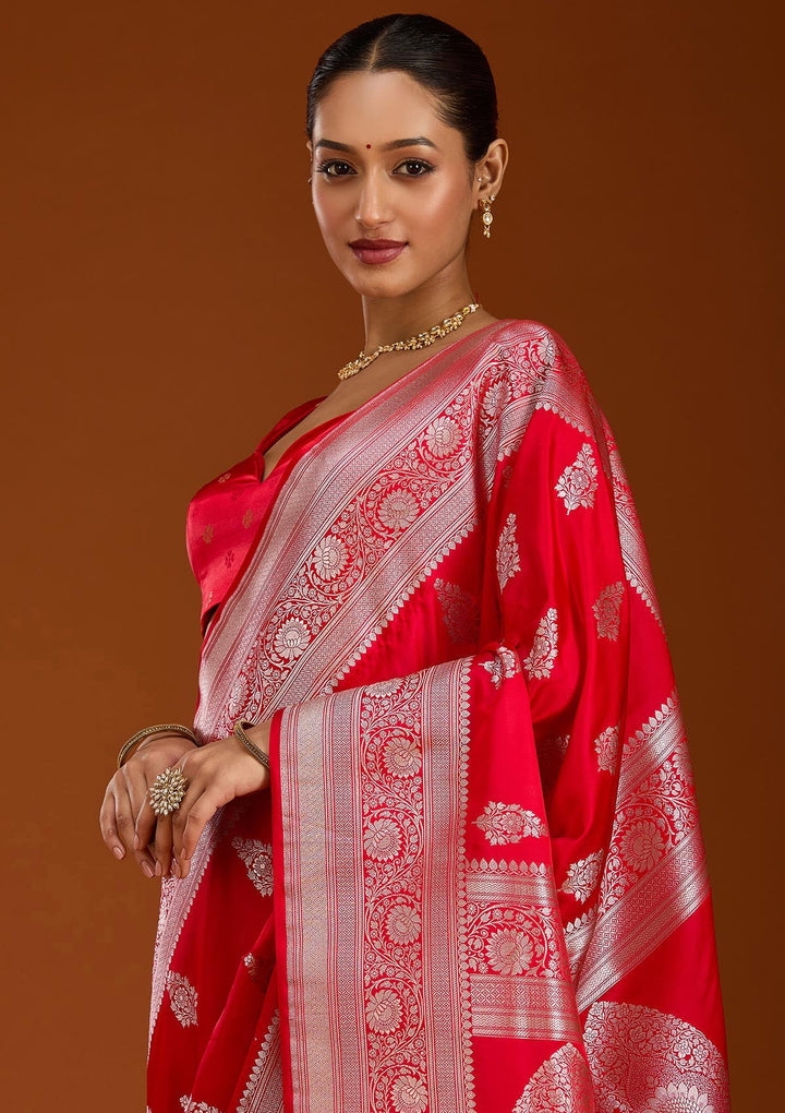 Red Zariwork (Silver) Satin Silk Saree-Koskii