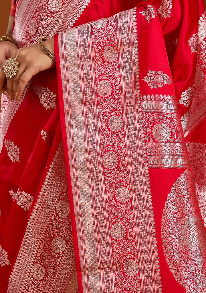 Red Zariwork (Silver) Satin Silk Saree-Koskii