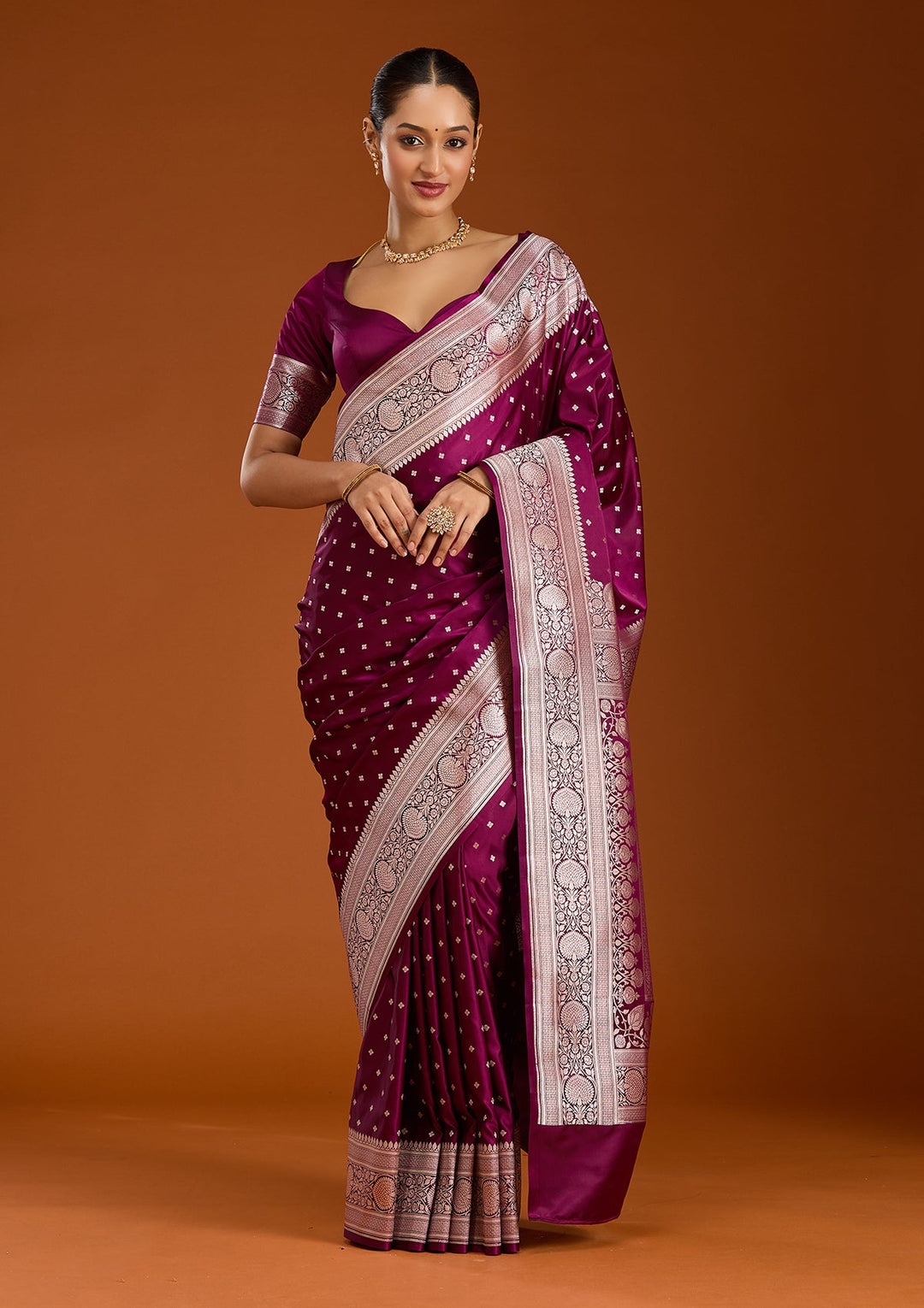 Purple Zariwork (Gold) Satin Silk Saree-Koskii