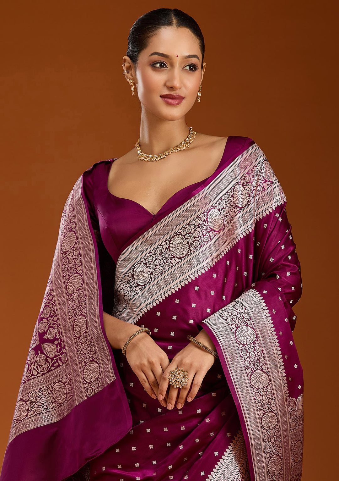 Purple Zariwork (Gold) Satin Silk Saree-Koskii