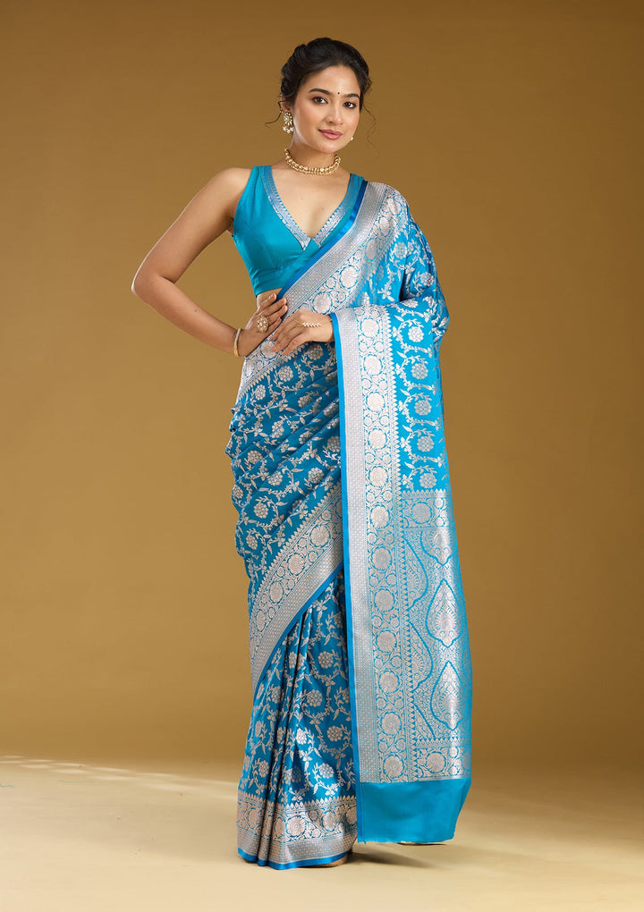 Sky Blue Zariwork (Gold) Satin Silk Saree