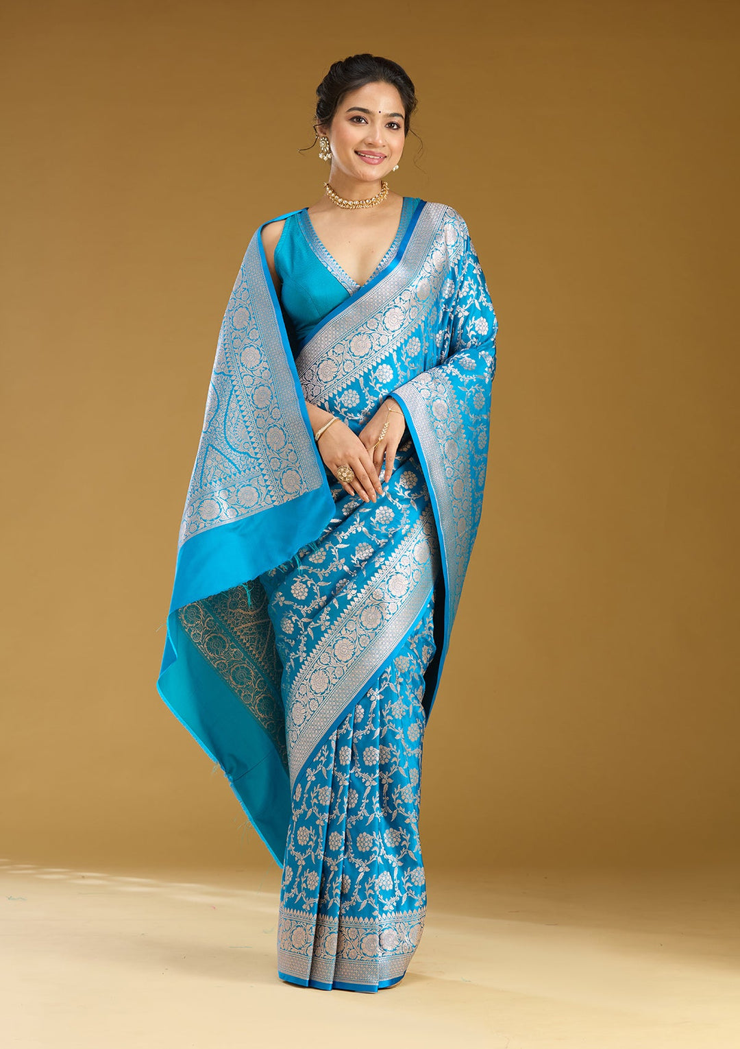 Sky Blue Zariwork (Gold) Satin Silk Saree