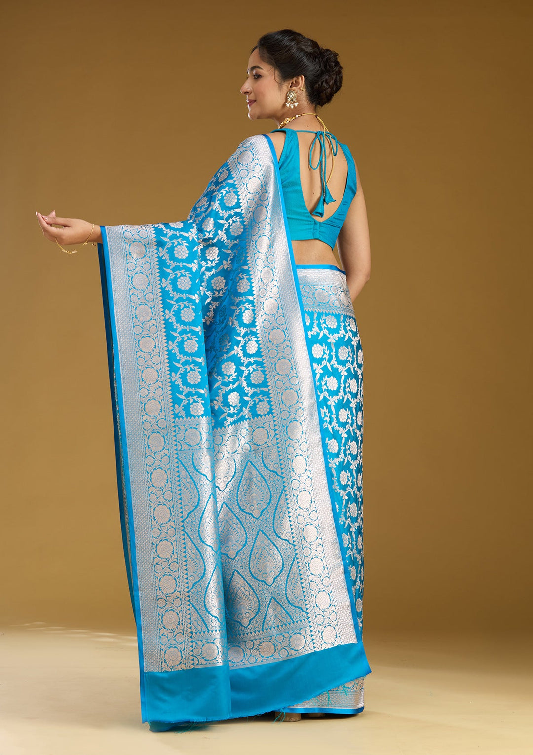 Sky Blue Zariwork (Gold) Satin Silk Saree