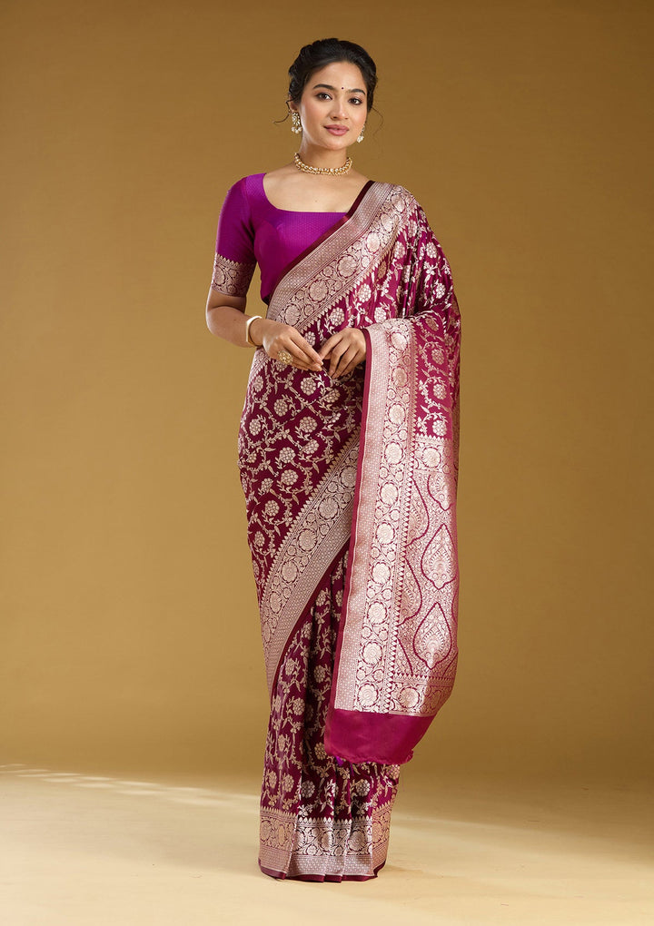 Wine Zariwork (Gold) Satin Silk Saree