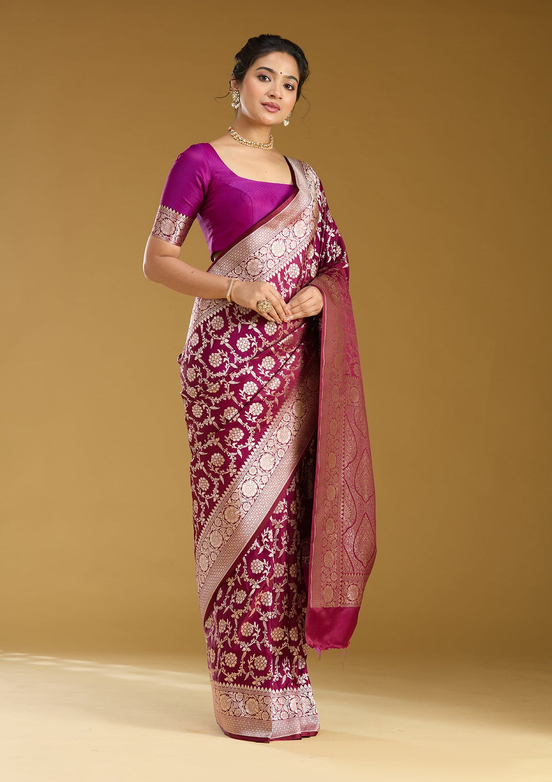 Wine Zariwork (Gold) Satin Silk Saree